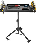 Rollin Tool Tray Cart For Mobile Work Table With 2 Tool Holders Height Adjustable Metal Tray For Tattoo Utility Cart For Salon Garage Bike Shop Durable Construction With Sturdy Triangular Base featuring detachable trays and tools.