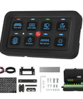 8 Gang RGB LED Switch Panel With Toggle, Momentary, And Pulsed Touch Control, shown with mounting accessories and parts.