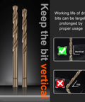High Speed Steel Drill Bit Set With Five Percent Cobalt 29 Pieces Black And Gold Finish showing vertical drill use instructions