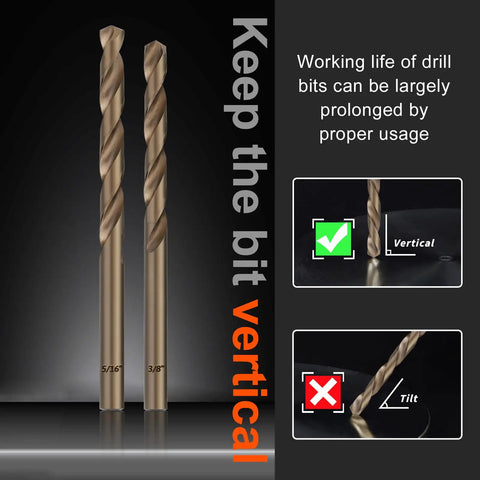 High Speed Steel Drill Bit Set With Five Percent Cobalt 29 Pieces Black And Gold Finish showing vertical drill use instructions