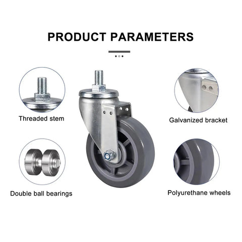 Close-up of Beefy Heavy Duty Caster Wheels With Brakes For Furniture And Workbenches 360 Degree Swivel Plate Casters With M Threaded Stem