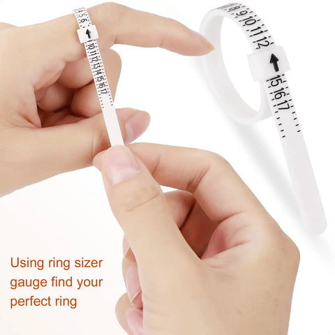 Pro Grade Ring Sizer Tool Kit With Magnified Glass, showing hand using reusable finger gauge sizes 1 to 17.