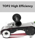 Handheld Electric Belt Sander Metal Pipe Tubing Circular Grinder Polish Tool Kicks Away Gnarly Rust And Weld Scars Fast Delivers A Glassy Smooth Finish On Wood Steel And Aluminum For Weekend Warriors And Pros, top view of sander with abrasive belt.