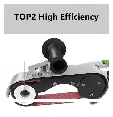 Handheld Electric Belt Sander Metal Pipe Tubing Circular Grinder Polish Tool Kicks Away Gnarly Rust And Weld Scars Fast Delivers A Glassy Smooth Finish On Wood Steel And Aluminum For Weekend Warriors And Pros, top view of sander with abrasive belt.