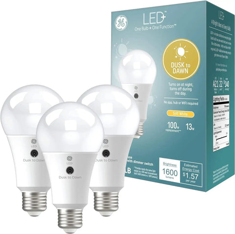 Outdoor Dusk To Dawn A21 LED Light Bulbs 13W 3 Pack With Automatic On Off Soft White Finish E26 Medium Base