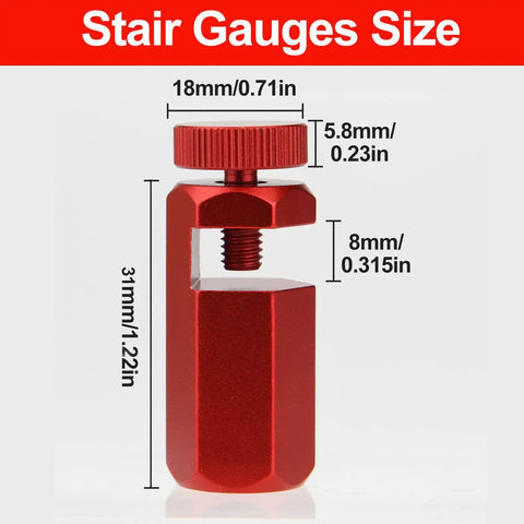 Red Tall Pro Grade Stair Gauges size diagram for Framing Square with Holder and Hook Framing Jig.