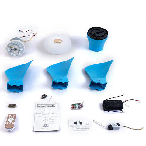 Ceiling Fan with Light 22 Inch 6 Speeds Timing 3 Color Temperatures for, components including blue fan blades, light fixture, and remote control.