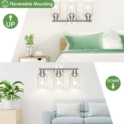 3 Light Brushed Nickel Vanity Light Fixture With Clear Glass Shades For Bathroom Mirror Glow, reversible mount shown in bedroom and living room settings