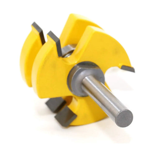 8mm Shank Router Bit Set For Tongue Groove Joinery with yellow carbide tips and steel shank, designed for woodworking precision.