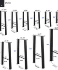 Multiple black metal table legs in varying sizes and dimensions displayed, including 20 Inch Metal Coffee Table Legs Set Of 2 With Industrial Black Finish - DIY End Table Legs For Custom Furniture Built-To-Last Pre-Drilled Holes Sturdy Bench Legs For Modern Home Decor.