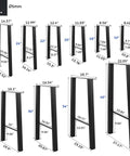 Various sizes of 20 Inch Metal Coffee Table Legs Set Of 2 With Industrial Black Finish, showcasing dimensions, for custom furniture.