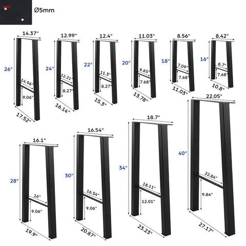 Multiple sizes of industrial black table legs shown with dimensions, including 20 Inches Metal Coffee Table Legs Set Of 2 With Pre Drill Holes.