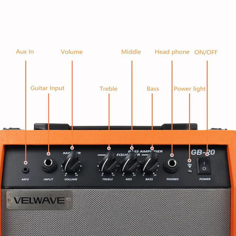 20W Portable Bass Amp For Practice With 6.5 Inch Speaker Orange Finish control panel showing input and tone knobs