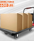 Heavy Duty Folding Platform Cart, 1600 Lbs Capacity with three cardboard boxes on a black deck with swivel wheels. 