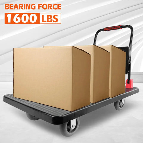 Heavy Duty Folding Platform Cart, 1600 Lbs Capacity with three cardboard boxes on a black deck with swivel wheels. 
