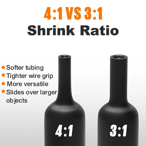 4:1 vs 3:1 shrink ratio comparison of Pro Grade Do It All Heat Shrink Tubing Kit 100 PCS 3.54 Inch Length 4:1 Ratio Adhesive Lined Dual Wall Marine