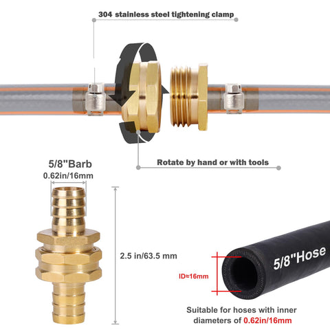 Solid Brass Garden Hose Repair Connector Kit With Clamps For Male And Female Fittings Five Eighth Inch US Thread Three Piece Set diagram