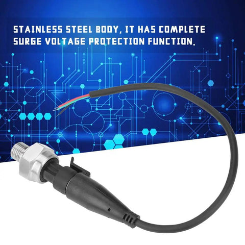 Stainless Steel Pressure Transducer With G1/4 Inch Port Analog Output 5V 0.5-4.5V Or 0-5V For Water Gas Oil 0-80 PSI One Percent FS Accuracy Easy Mount Built Tough Sensor side view with connected wiring.