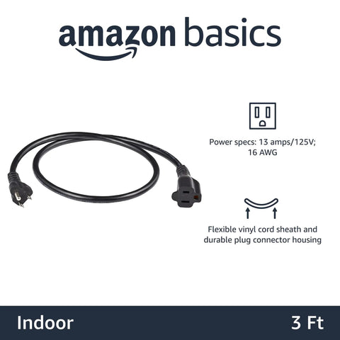 Extension Cord 3 Prong Outlet Extender Indoor Power Cable 13 Amps 125 Volts 3 Feet Black with Amazon Basics branding