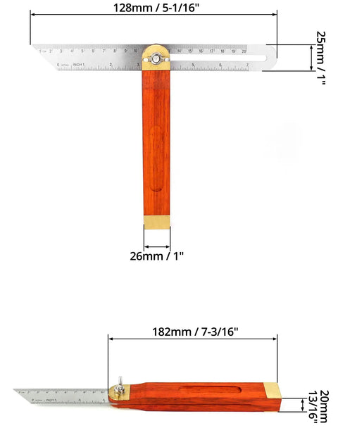 Badass 9 Inch Stainless Steel T Bevel Gauge Angle Finder with grippy wood handle, showing detailed measurements.