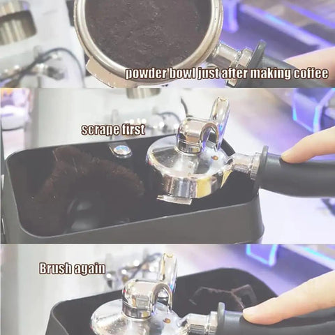Robust Electric Portafilter Cleaning Station With Integrated Knock Box For Weekend Warriors And Cafe Pros Knocks Out Wet Pucks Instantly during cleaning.