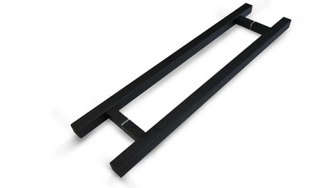 60 Inch Modern Square Ladder Pull Door Handle Stainless Steel Matte Black Powder Finish Built Tough Heavy Duty Push Pull For Interior Exterior Doors Up To Three Point Two Inch Thick Wood Glass Metal Includes Mounting Hardware, angled view
