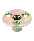 Heavy Duty 3/8-16 Round Base T Nuts 12 Piece Set Carbon Steel Insert Plate Nuts close-up showing threaded hole and round base.