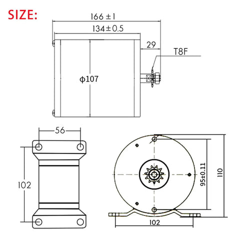 Technical dimensions of Beast 48V 2000W Brushless Go Kart Motor With 5700RPM Max Speed, 4300RPM Rated, 6.9Nm Torque