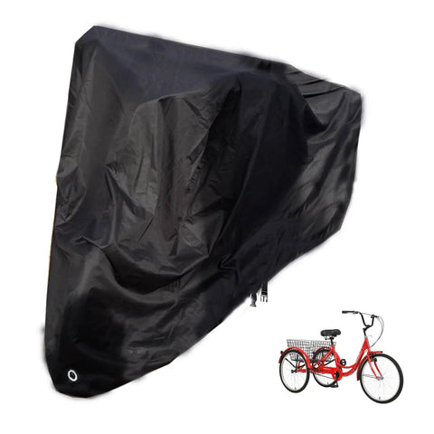 Adult Tricycle Cover For 24 To 26 Inch Three Wheel Electric Trikes And Bikes, Outdoor Waterproof Windproof Dustproof Rain Shield, Fits Mountain Road Cruiser And EBikes, 78 L 29 W 43 H, Heavy Duty All Weather Protection, black cover on trike