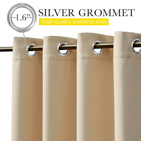 Close-up of Two Panels Outdoor Patio Curtains Waterproof And Windproof Thermal Insulated Top And Bottom Grommets Back Tab Light Blocking With Bonus Rope Biscotti Beige 66 By 84 Inches showing silver grommets.