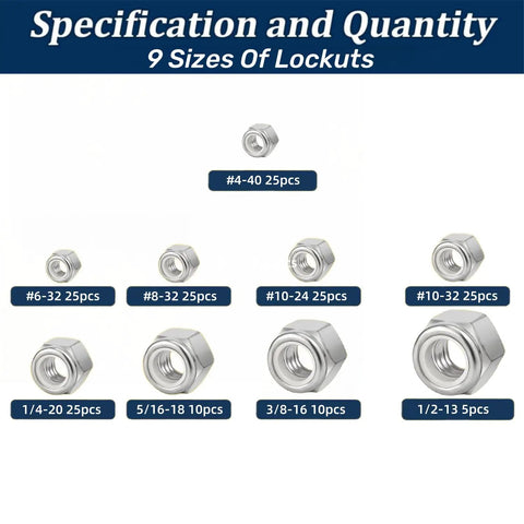 9 sizes of 175 Pcs Nylon Insert Lock Nuts Set In 9 Sizes 316 Stainless Steel Hex Nylon Insert Locknuts For Bolts displayed