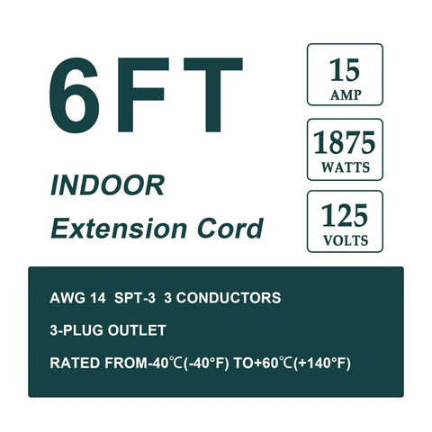 6 Ft Heavy Duty Appliance Extension Cord With Flat Plug 14 Gauge 3 Prong Grounded Cable Ideal For Air Conditioners Refrigerators Microwaves Washers And Dryers Indoor Use Gray specifications