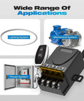 Wireless 12V Remote Switch With 30A Relay, 433MHz RF Control For DC Motors, long range, shown with power and lighting systems.