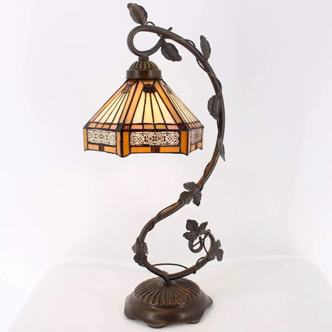 Tiffany Style Stained Glass Table Lamp With Yellow Hexagon Shade, 8 Inch Lampshade, 21 Inch Tall, Bronze Resin Base, UL Listed Reading Light