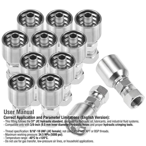 Front view of QWORK hydraulic hose fittings 12-pack, 3/8 in JIC 37° female swivel, polished steel.