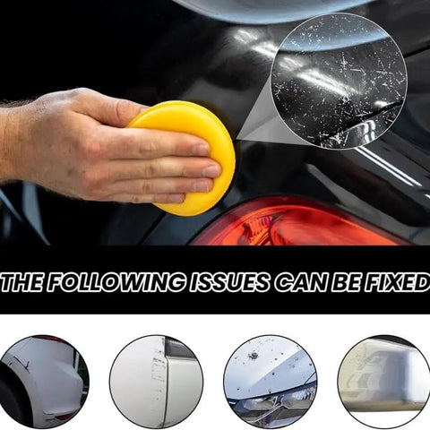 Person using Complete Car Scratch Remover Kit And Auto Paint Restoration Compound on vehicle surface to fix light scratches.