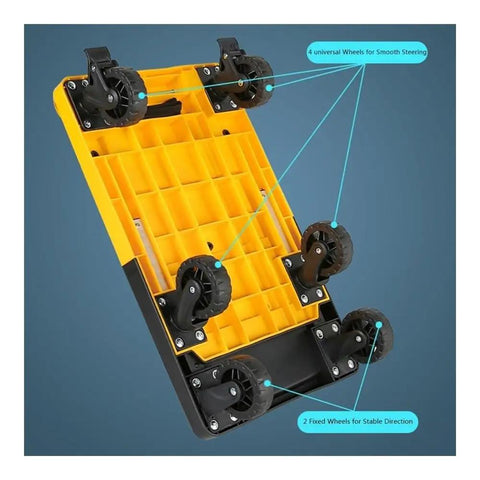 Foldable Flat Bed Cart With Wheels For Home And Courier Use, Heavy Duty Hand Truck On Wheels, Portable Yellow Folding Trolley For Easy Transport, Ready To Roll Compact Cargo Cart For Stockrooms And Workshops underside with 6 wheels
