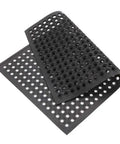 Heavy Duty Commercial Rubber Floor Mat Featuring Hexagonal Drainage Cutouts For Garage And Shop Kick Ass Non Slip Oil Grease Resistant Tough As Nails Level, 90x60 cm size, black rubber, open grid design.