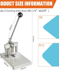 Heavy Duty Corner Rounder Punch Cutter with sizes R6 and R10 displayed, showing metal construction and measurements for precise use.