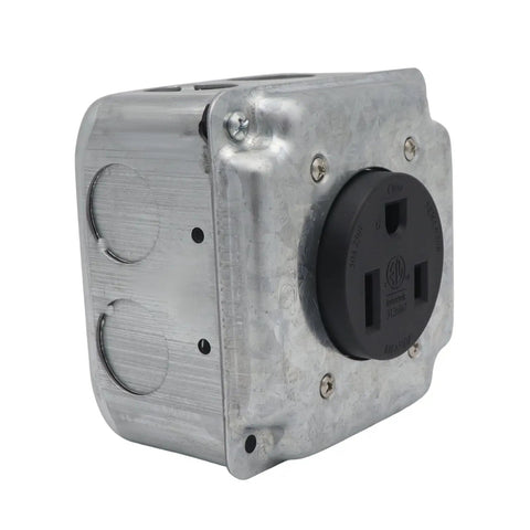 Heavy Duty Nema 6 50R Power Outlet For Welders And Home Workshops Featuring No Fuss Surface Flush Mounting Quick Install 50 Amp Electrical Socket Tough As Nails Galvanized Steel image showing galvanized steel casing and black outlet.