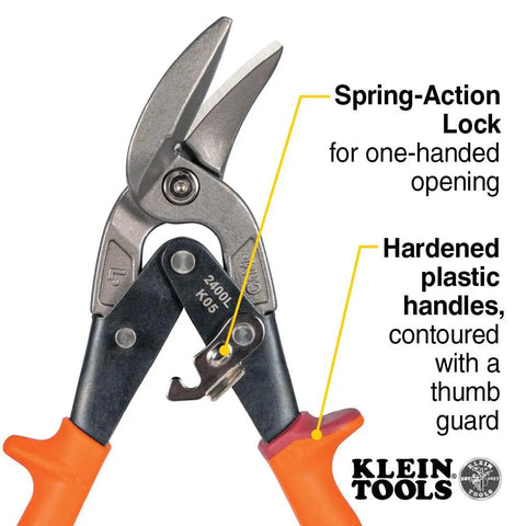 Left-Cutting Offset Tin Snips For Sheet Metal with spring-action lock and hardened plastic handles, Klein Tools branding visible