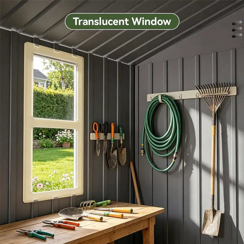 Inside view of Outdoor Storage Shed with window, visible garden tools, and hose hanging, light grey galvanized steel panels