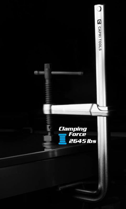 Beefy 20-Inch Heavy Duty All Steel F-Style Bar Clamp With 5-1/2 Inch Throat and 2645 Lb Clamping Force on table