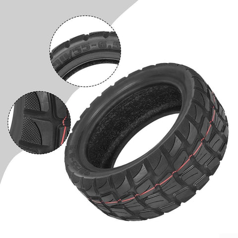 Close-up of 11 Inch Off Road Vacuum Tire For Electric Scooter 90/55-6.5 Replacement Wheel with deep tread and durable rubber