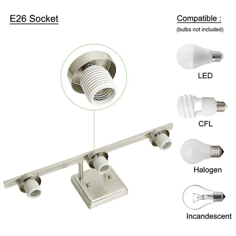 3 Light Vanity Light Fixture With Brushed Nickel Finish And White Glass Shades For Bathroom Lighting, UL Listed, bulb compatibility