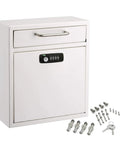 Secure Wall Mounted Mailbox Drop Box With Key Or Combo Lock Heavy Duty 16 Gauge Steel Ideal For After Hours Deposits Payments And Letter Drops Spacious Durable Postbox For Indoor Or Outdoor Use featuring a white finish and secure lock mechanism.