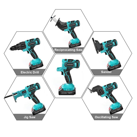 20V Max Electric Drill Tool Combo Kit 5 In 1 Multi Head Power Drill Set with interchangeable tool heads including saws, sander, drill.