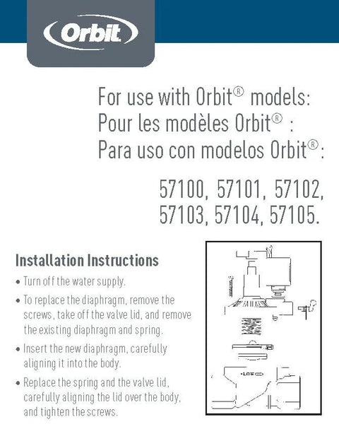 Orbit 57045 100-Series Diaphragm Repair Kit, black; front view of package for lawn and patio irrigation