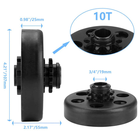 Side view of Centrifugal Go Kart Clutch Three Quarters Bore Ten Tooth For 40 41 420 Chain 12.7mm Pitch with dimensions