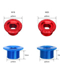 Red and blue Aluminum Alloy Crank Arm Fixing Bolt And Crankset Nut For MTB Bikes CNC Machined Screw Cap Cover M18 M20 sizes shown.
